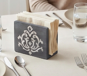 Vintage Wood <b>Napkin</b> Holder With <b>Silver</b> Damask Design Free Standing Tissue Box Stand For Hotel Home And Kitchen Use - Product Image 5