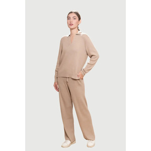 Custom Women's Knit 2 Piece Lounge Set Long Sleeve Polo Sweater & Relaxed Fit <b>Pants</b> - Product Image 1
