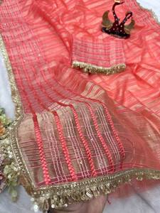 Premium Trending Stretchable Ankle-Length Saree Soft <b>Tissue</b> Silk Weaving Sequins Ribbon Fancy Lace Border Party Reversible - Product Image 6