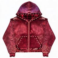 Sweat-shirt à capuche en velours pour homme, coupe oversize, imprimé à pois rouges avec strass, poche décorative, style hip-hop, hiver, manches classiques