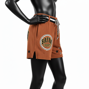 Shorts de baño para mujer, 230 GSM, suaves, de poliéster y algodón, color naranja óxido, cintura elástica, con logo bordado en chenilla. - Product Image 3