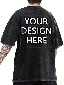 Custom Printed Chest Logo Personalized Front Silk Screen Printed Turtleneck Men's Washed Aged 100% Cotton T-Shirt Digital - Product Image 3