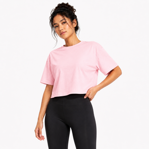 Camiseta Corta Rosa para Mujer, Cuello Redondo, Manga Corta, Corte Holgado, Color Sólido, Informal, Primavera Verano, 100% Algodón - Product Image 1