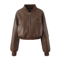 Blouson aviateur en cuir véritable pour femme, manches longues, fermeture éclair, col montant, couleur unie, coupe courte, idéal pour l'automne