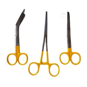 Juego de Tijeras Médicas para Cuidado de la Salud, Amarillas, 3 Piezas: Tijeras de Enfermería, Tijeras para Vendajes y Pinzas Arteriales - Product Image 1