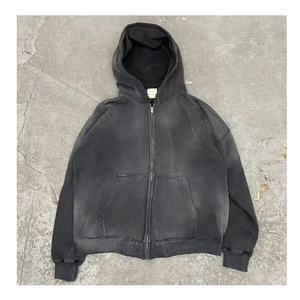 Sweat à capuche zippé surdimensionné personnalisé en molleton épais, style streetwear vintage délavé et effet soleil, pour homme - Product Image 1