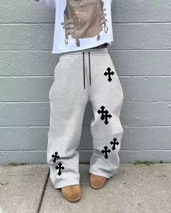 Pantalon large noir pour homme avec imprimé croix blanche, style streetwear hip-hop, décontracté et ample, pour le jogging, mode gothique - Product Image 3