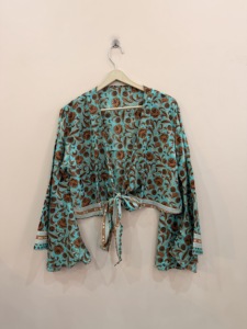 100% <b>Silk</b> Vintage Eco-Friendly Wrap <b>Top</b> Long Bell Sleeves Resort & Festival Wear - Product Image 5