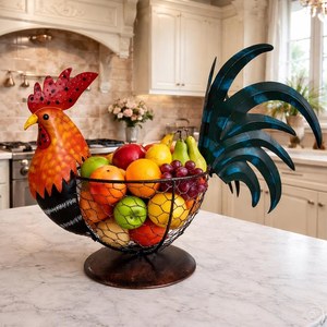 Colorful Rooster Fruit <b>Basket</b> Metal Chicken Kitchen Decor, Farmhouse Countertop Organizer, Rustic Wire <b>Egg</b> Holder, Country Style - Product Image 4