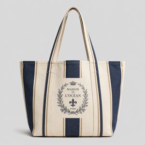 Sac fourre-tout en toile de coton French Crest, écologique, crème et bleu marine rayé, grande capacité, sac à main vintage de luxe pour femmes - Product Image 1