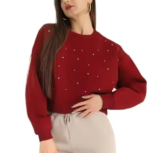 Sudadera corta rosa con cuentas para mujer, precio de fábrica, hombros caídos, con perlas, cuello redondo, forro polar liso, sudadera con capucha para mujer - Product Image 3