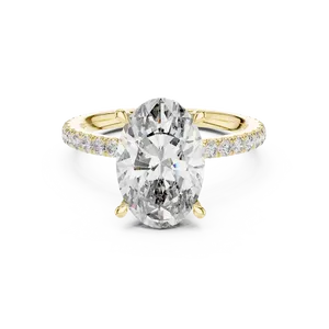 Anillo de compromiso con diamante de laboratorio de corte ovalado de tres quilates, oro sólido de dieciocho quilates, halo oculto, banda unisex de lujo. - Product Image 1