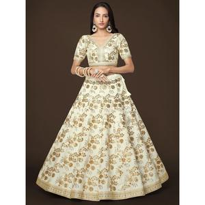 Adorable <b>White</b> Sequins Slub Silk Engagement Wear Lehenga Choli - Product Image 5