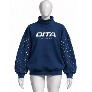 Navy Blue Oversized Women Mock Neck Sweatshirt <b>Pearl</b> Studded Sleeve Pullover Loose Fit Casual Streetwear Long Sleeve Winter <b>Top</b> - Product Image 1
