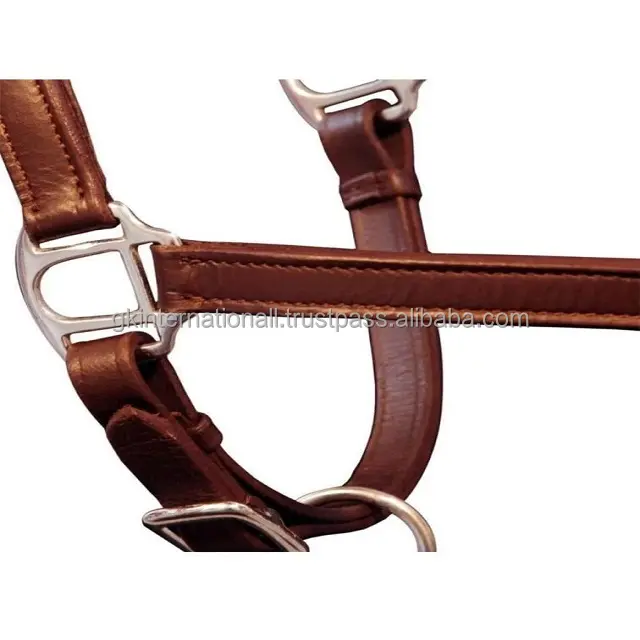 Thick Saddle leather heavy duty brown genuine leather horse halter in all custom sizes & adjustable Brass hardware