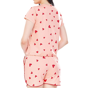 Ensemble de shorts 2 pièces rose uni pour femmes, manches courtes, col rond, tricoté, 100% coton, toile respirante, séchage rapide, vêtements décontractés, printemps - Product Image 1