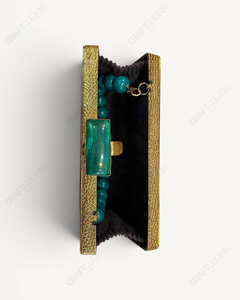 Natural Malachite-Look Stone <b>Clutch</b> | Handmade Gold Minaudiere | Luxury Bridal <b>Wedding</b> Evening <b>Bag</b> <b>for</b> Women <b>Green</b> Designer <b>bag</b> - Product Image 5