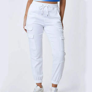 <b>White</b> Women's <b>Cargo</b> Pants Mid Waist Drawstring Elastic Ankle-Length Casual Knitted Cotton Solid Color Pocket Design Spring Style - Product Image 3