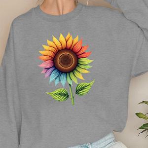 เสื้อสเวตเตอร์พิมพ์ลายดอกทานตะวันสีรุ้งและใบไม้สีเขียวผ้าถักแบบสบายๆ - Product Image 3