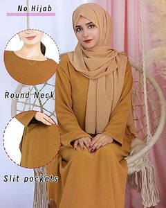 Abaya femme couleur moutarde unie, manches longues, col rond, robe longue modeste en coton, coupe ample, pour usage quotidien, style Moyen-Orient - Product Image 5