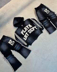 Ensemble survêtement noir : sweat à capuche court et pantalon de jogging. Ensemble de survêtement streetwear. Survêtement en molleton épais. Fabricant de Marques Privées OEM - Product Image 1