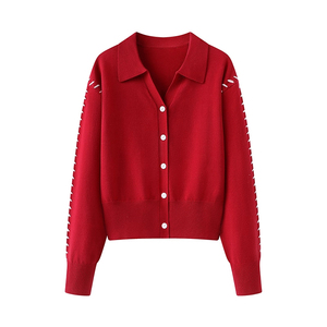 Elegant Women's Single-Bretted Sweater <b>Long</b> Red Knit <b>Cardigan</b> <b>with</b> Button up Collar Solid Pattern - Product Image 1