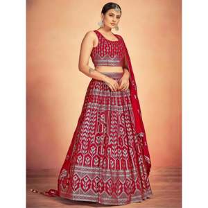 <b>Red</b> Sequins Georgette Sangeet <b>Lehenga</b> Choli with Dupatta for Wedding - Product Image 5
