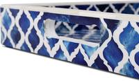 Bandeja Otomana Rectangular Multifuncional Hecha a Mano, Estilo Moderno Rústico, con Incrustaciones de Hueso Azul Marroquí, Diseño Floral Geométrico, para Ramadán