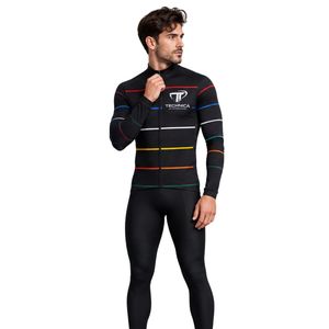 <b>Men's</b> Black Breathable Custom <b>Long</b> <b>Sleeve</b> <b>Cycling</b> <b>Jersey</b> with Multicolor Stripe Design and Full Zip Front - Product Image 6