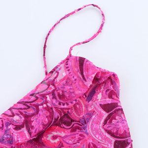 Vestido Maxi de Noche Rosa Satinado con Estampado Floral, Sin Mangas, Cuello Drapeado, Dobladillo Fruncido con Abertura, Cintura Natural, Ideal para Fiestas de Verano - Product Image 6