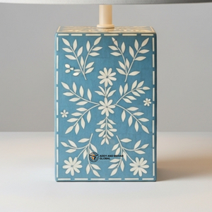 Premium <b>Blue</b> Inlay <b>Table</b> Lamp | Designer <b>Bedside</b> Lamp with Floral Pattern Base - Product Image 5