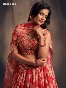 High Quality Organza with Floral Print-<b>Sequin</b>-Zari Embroidered Flared <b>Red</b> Lehenga-Choli Set Woman Fashion Manufacturer - Product Image 2