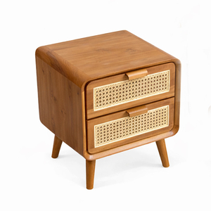 Teak Wood Premium Scandinavian Wholesale Teak Wood Weave Bedside 2 <b>Drawer</b> Natural Finish Bedside Cabinet with Rattan <b>Drawers</b> - Product Image 1