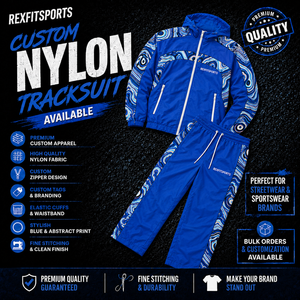 REXFIT SPORTS 2026 Ensemble de survêtement personnalisé pour homme en nylon bleu, veste à capuche entièrement zippée et pantalon avec empiècements imprimés, vêtements de sport personnalisés - Product Image 1