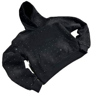 Sudadera con Capucha Negra para Hombre, Estilo Urbano, Lavado Ácido Personalizado, 100% Algodón, Estampado con Pedrería, Talla Grande, Venta Caliente - Product Image 1