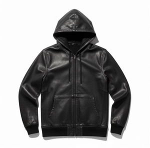 Men's Black Leather Hooded Jacket Zipper Closure Casual Autumn Wear Regular Fit Solid Color Front Pocket Design - Product Image 1
