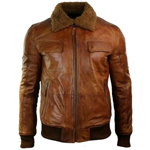 เสื้อแจ็คเก็ตหนังผู้ชายแฟชั่นฤดูหนาว แต่งปกขนสีน้ำตาล - Product Image 1