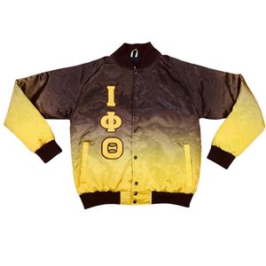 Blouson Bomber Iota Phi Theta dégradé marron-or, vêtement grec de fraternité, en satin, coupe élégante et de qualité supérieure - Product Image 1
