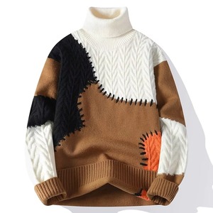 Men's Turtleneck Pullover Sweater XXL Patchwork Warm <b>Knitting</b> Autumn Winter Korean Streetwear Anti Wrinkle OEM 100% Cotton - Product Image 1