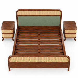 Cama Jatenara de Madera de Teca Sólida con Panel de Ratán Redondeado y Cabecera Tapizada para Interiores de Hoteles Modernos y Resorts - Product Image 3