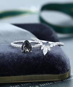 Vintage Unique Pear Black Rutilated Quartz Engagement <b>Ring</b> <b>Set</b> 14K White <b>Silver</b> Moissanite Marquise Diamond vintage <b>ring</b> bridal - Product Image 5