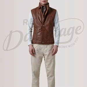 Chaleco de Cuero Genuino Marrón para Hombre, Corte Ajustado, Cuello Alto, Cierre de Cremallera, Sin Mangas, Estilo Casual y Moderno - Product Image 2