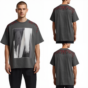 เสื้อยืดโอเวอร์ไซส์ทรงหลวมสำหรับผู้ชาย พรีเมียม พร้อมลายพิมพ์ศิลปะนามธรรมสีเทา และเนื้อผ้าฝ้ายหนานุ่ม - Product Image 2