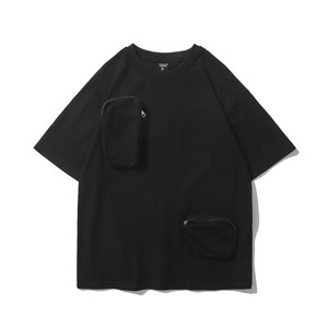 T-shirt décontracté pour homme en coton noir, style streetwear, avec poches zippées, col rond, coupe ample, manches courtes, couleur unie, respirant, idéal pour l'été - Product Image 2