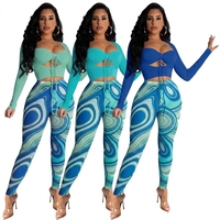 Ensemble 2 pièces pour femmes, haut imprimé à manches longues avec lacets et pantalon long, respirant, coupe ajustée, mode printemps-été