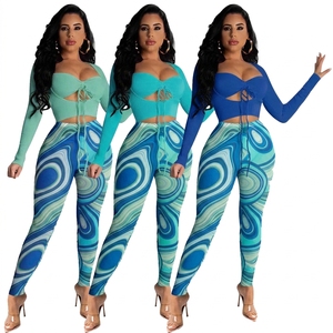 Women's 2 Piece Printed Long Sleeve Lace Up Top With Full Length Pants <b>Set</b> Breathable Skinny Fit Spring Summer Fashion - Product Image 3