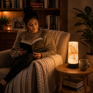 Modern Botanical Leaf Printed Linen Table Lamp | Decorative Bedside <b>Night</b> <b>Light</b> | Living Room Desk Lamp | Warm Ambient Home - Product Image 3