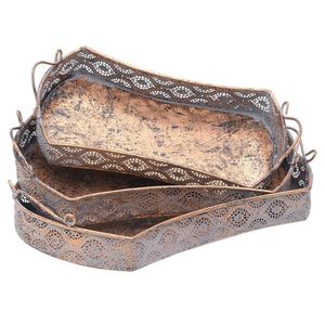 Juego de bandejas decorativas rectangulares de metal bronce, diseño vintage hecho a mano con patrón de red. - Product Image 1