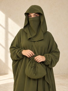 Abaya de prière islamique modeste pour femme Mishkat Couture en mousseline vert olive, longue, à capuche, avec sac bandoulière assorti pour ensemble Niqab - Product Image 3