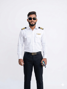 Chemise blanche à manches longues pour pilote homme avec épaulettes dorées et emblème d'ailes pour utilisation en avion. - Product Image 4
